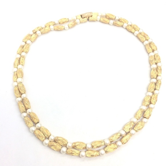 VINTAGE MID CENTURY MODERN MCM NECKLACE BRUSHED GOLD TONE PEARL DOUBLE STRAND - Picture 6 of 16